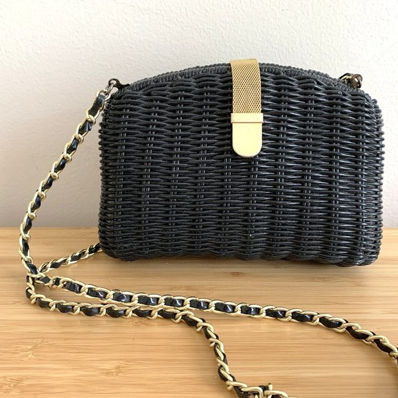 Handbags - Vintage Black Wicker Small Shoulder Bag Crossbody Bag Gold Accents